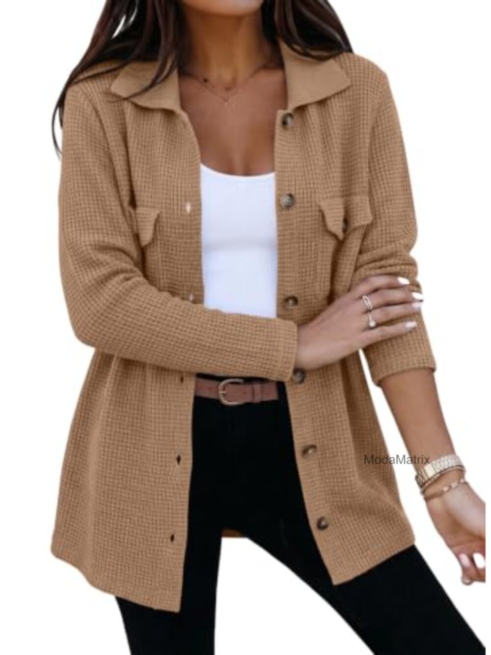Waffle Knit Chunky Cardigan Button Down Shacket Long Sleeve V-Neck